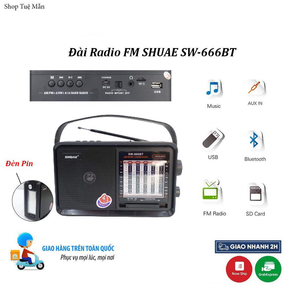 Đài Radio Đa Năng Shuae SW-666BT 12Band Fm/Am/Sw, Bluetooth/Usb/Thẻ Nhớ, Đài Nghe Nhạc Cao Cấp Hàng Chính Hãng