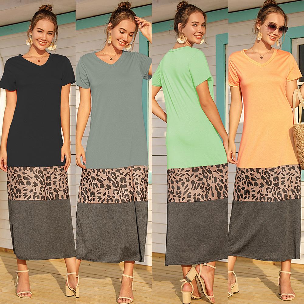 Fashion Summer Leopard Print Spliced Dress V Neck Short Sleeve Casual Plus Size Maxi Dress