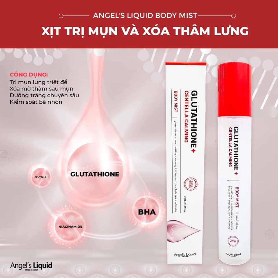 Xịt giảm mụn lưng, toàn thân Angel Liquid Glutathione Plus Centella Calming Body Mist 150ml