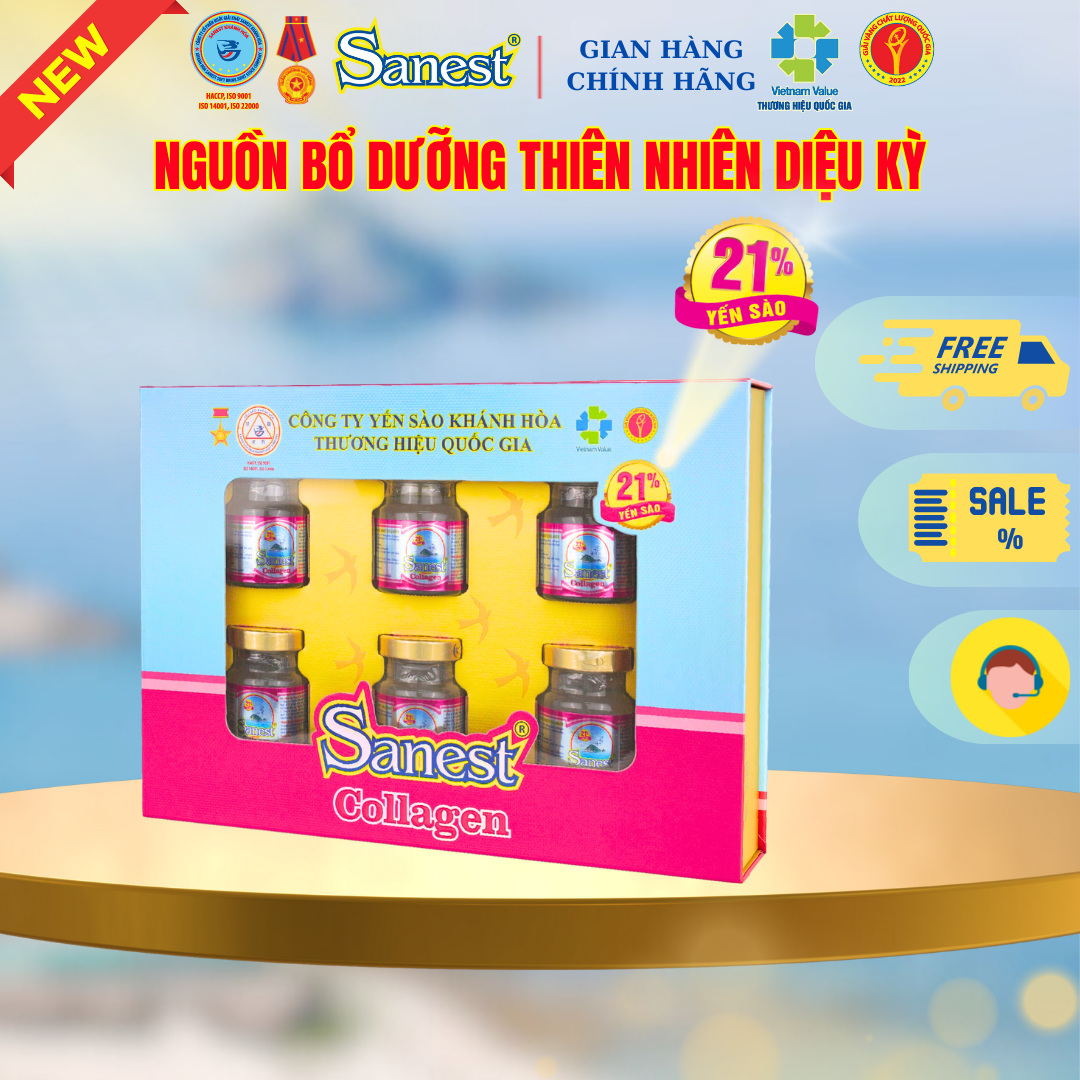 NEW [ Hộp quà tặng 6 lọ ] Nước Yến sào Khánh Hòa Sanest 21% - Collagen.