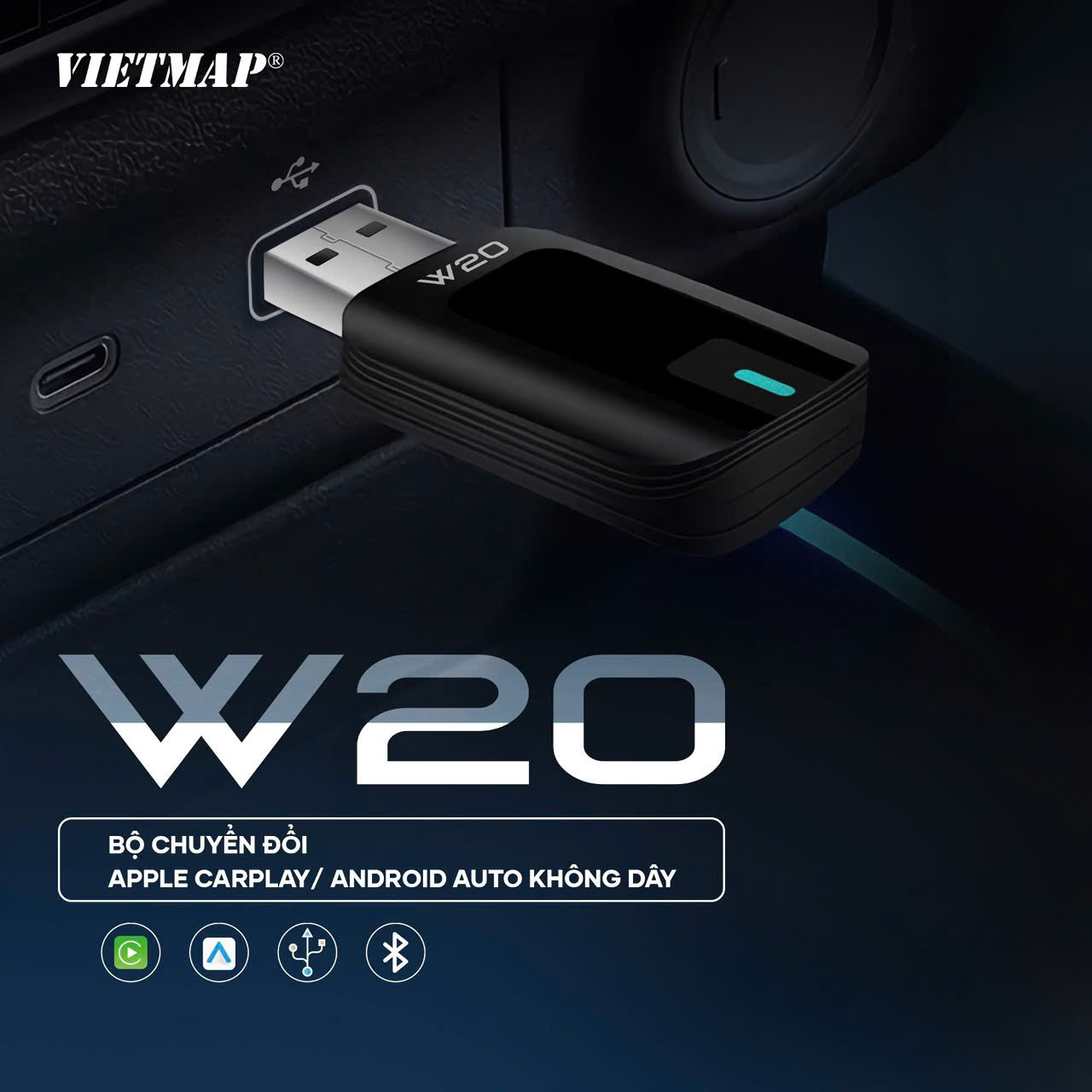 VIETMAP W20 - Thiết bị chuyển đổi CarPlay/ A.ndroid Auto không dây - Hàng chính hãng