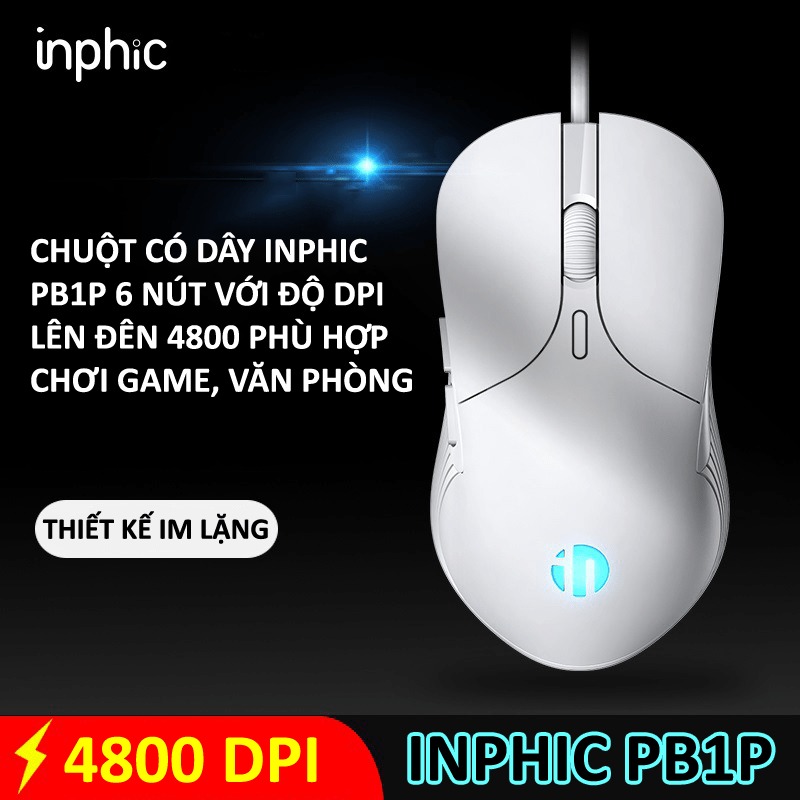 Chuột có dây INPHIC PB1P 6 nút với độ DPI lên đến 4800 phù hợp cho game thủ, văn phòng, photoshop - HÀNG CHÍNH HÃNG