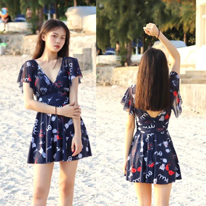 Bộ đồ bơi đi biển cổ V tay bèo họa tiết dễ thương váy bơi cao cấp