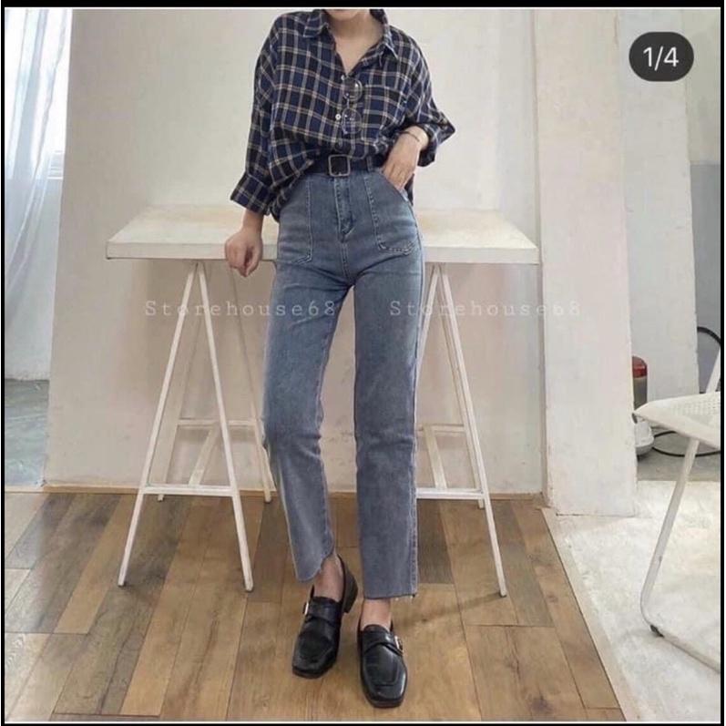 Quần jeans nữ ống đứng cạp cao túi trước có giãn kiểu dáng Hàn Quốc