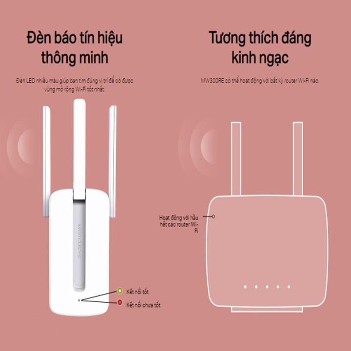 Bộ kích sóng wifi Mercusys MW300re 3 râu cực mạnh, Kich wifi, cục hút wifi, kích sóng wifi - Hàng chính hãng