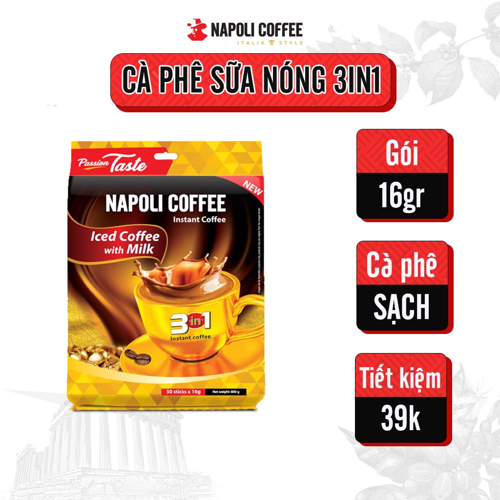 Cà Phê 3IN1 Sữa Nóng Napoli Coffee (50 gói x 16g)- Cafe Từ Arabica/Robusta Hạt SẠCH- TÚI LỚN