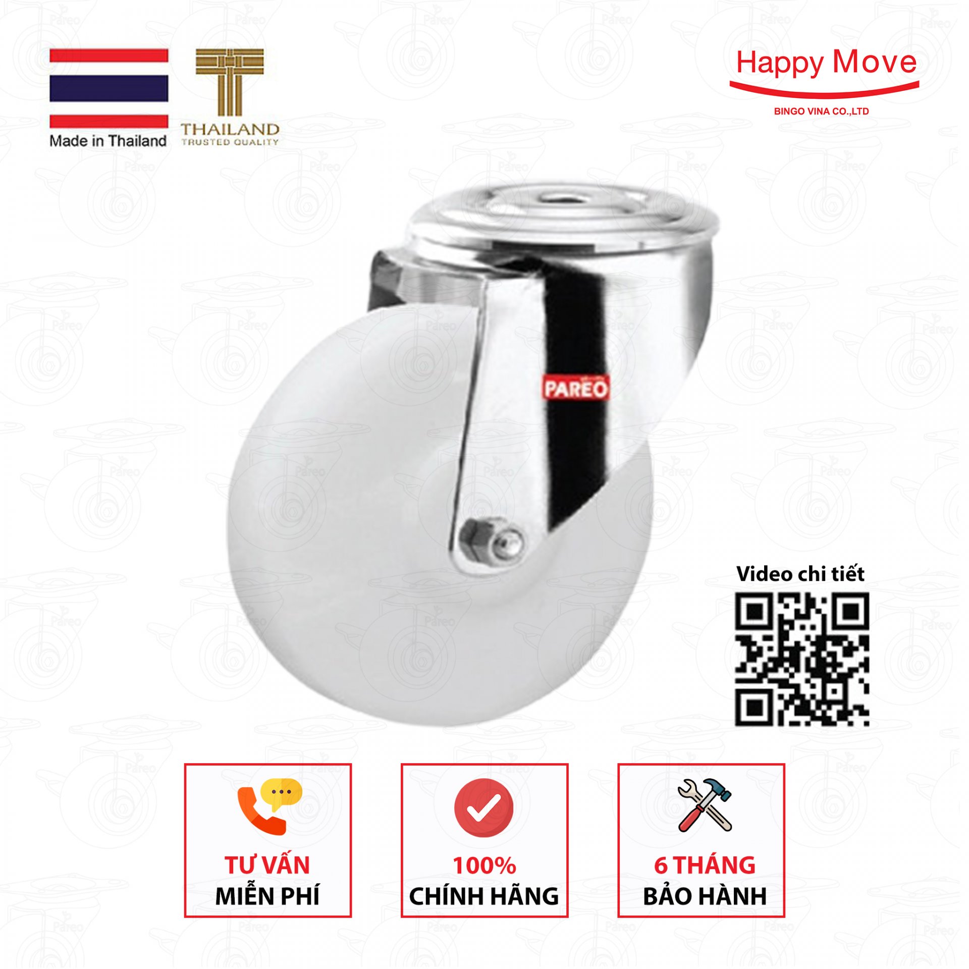 Bánh xe đẩy nylon trắng nanotech càng lỗ xoay Inox 304 - 80-100-125mm - Happy Move Thái Lan