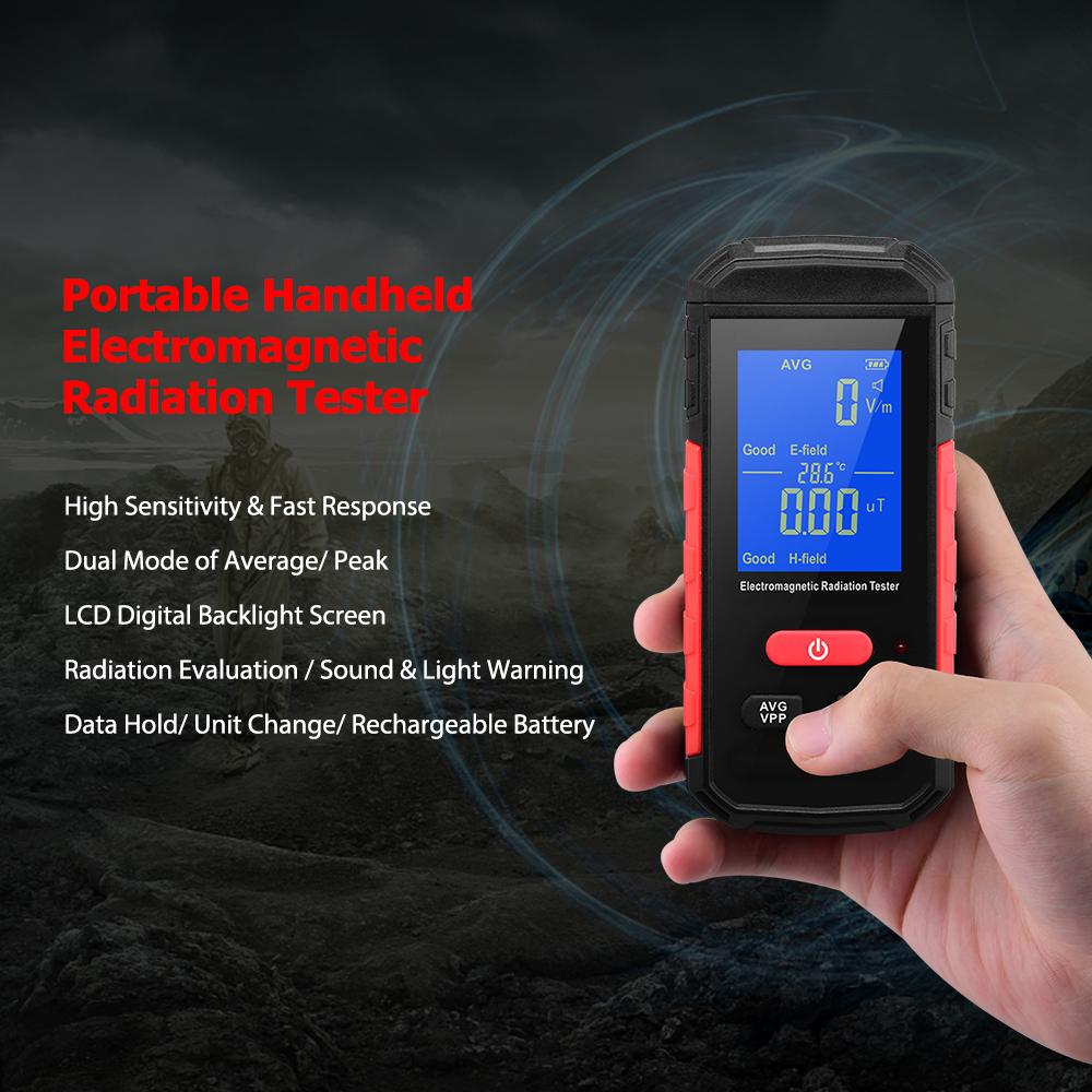 Digital Electromagnetic Radiation Tester EMF Meter LCD Backlight Portable Electric Magnetic Field Radiation Detection Alarm Average/ Peak Mode Rechargeable for Home Appliances Offices Industrial Workplaces