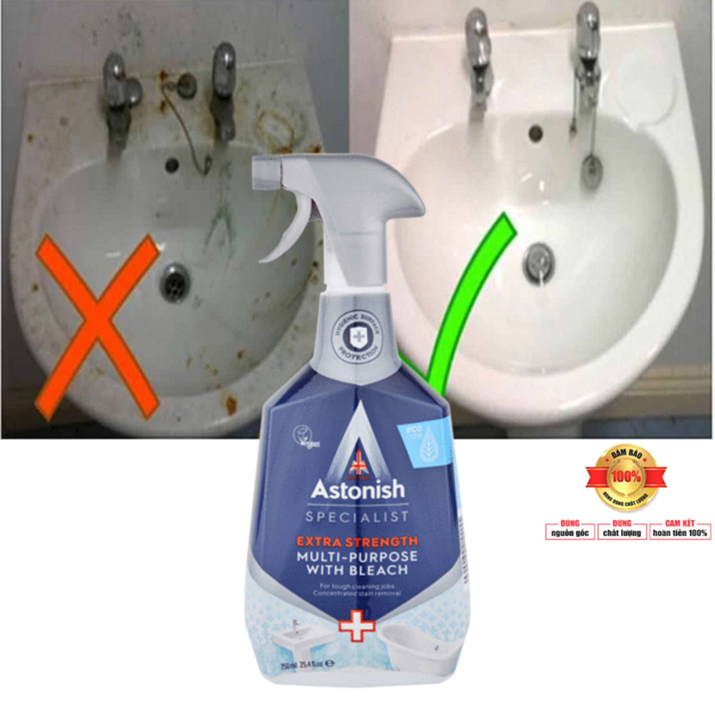 Bình xịt tẩy rửa nhà vệ sinh toilet Astonish C6780 750ml sản xuất tại Anh Quốc chuyên tẩy vết bẩn ố vàng cặn phèn và mảng bám trên các thiết bị sử vệ sinh, nhà tắm như vòi sen, vòi nước, màng nhựa, tường gạch men