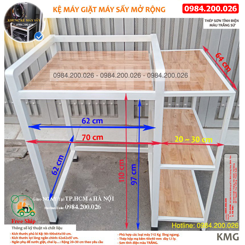 Kệ máy giặt máy sấy mở rộng sơn tĩnh điện - Thép hộp 40x40 hàn liền khối, sơn tĩnh điện, mặt gỗ tự nhiên chịu tải >300kg