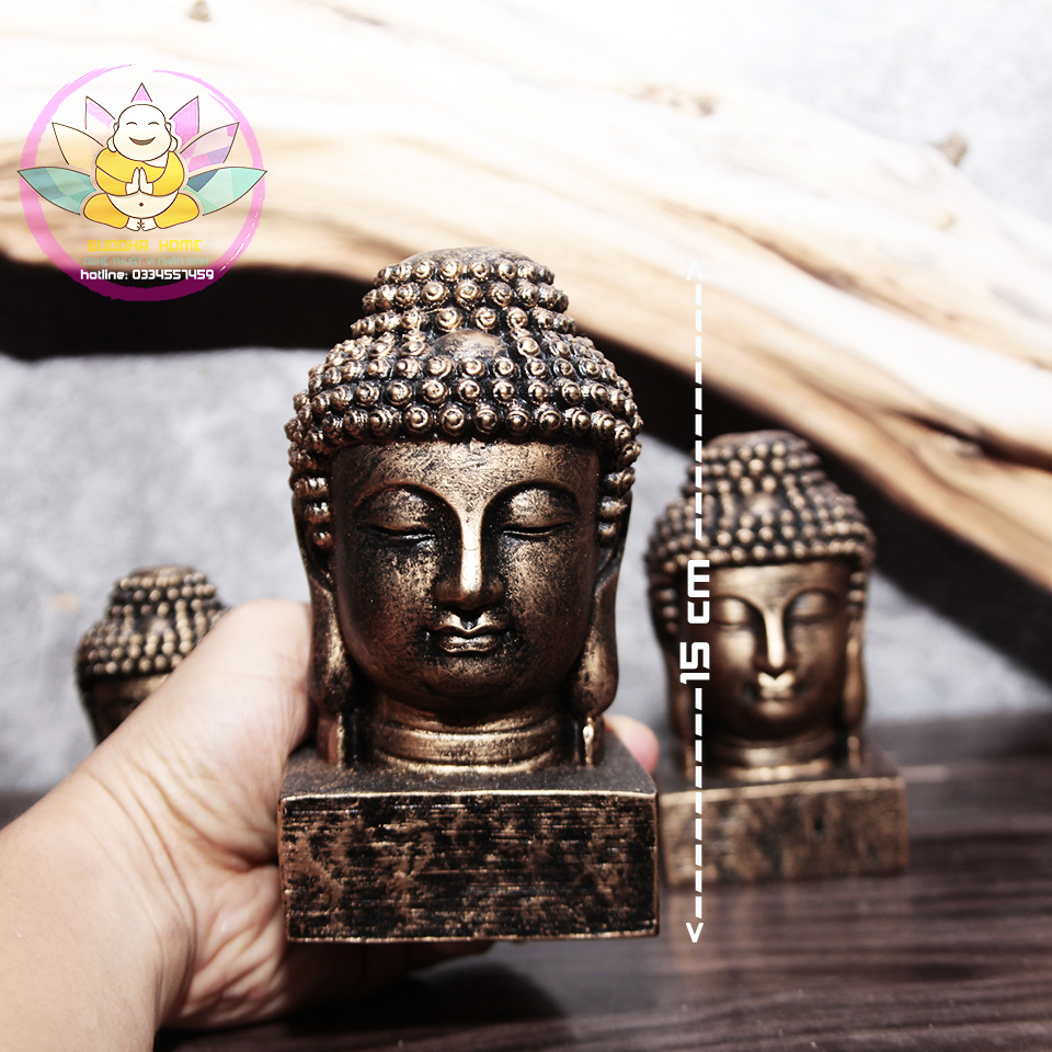 Tượng đầu Phật Thích Ca Mâu Ni trang trí màu vàng đồng size nhỏ- trung- lớn
