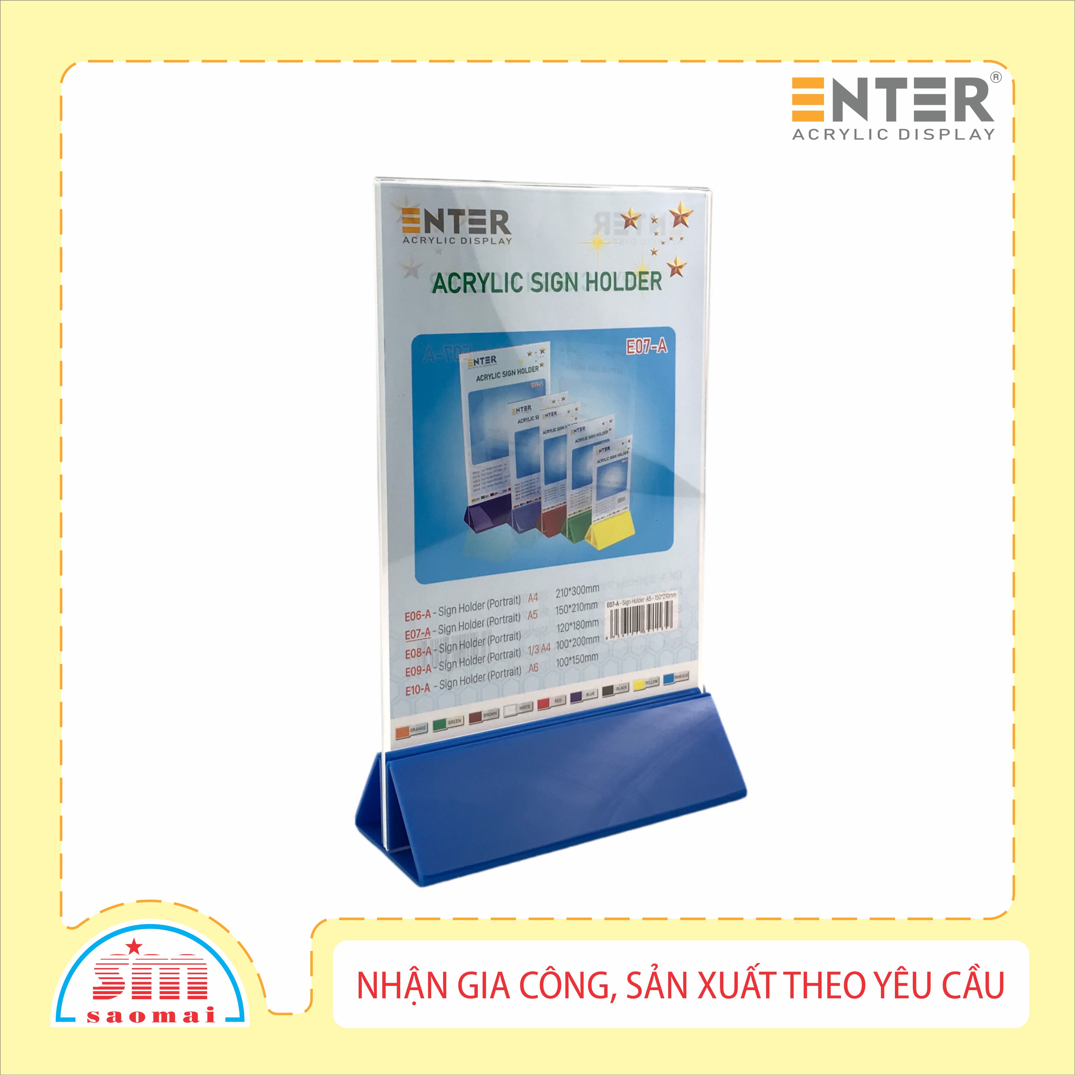Kệ mica 2 mặt Enter E07-A LR 150x210mm đế lùa uốn chân chữ A
