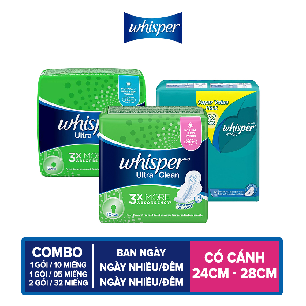 Combo BVS Whisper Ngày và Đêm (Whispers Ultra Ngày 10 miếng -  Ultra Ngày nhiều/Đêm 5 miếng - Whisper Pad Ngày nhiều/Đêm 32 miếng x 2)