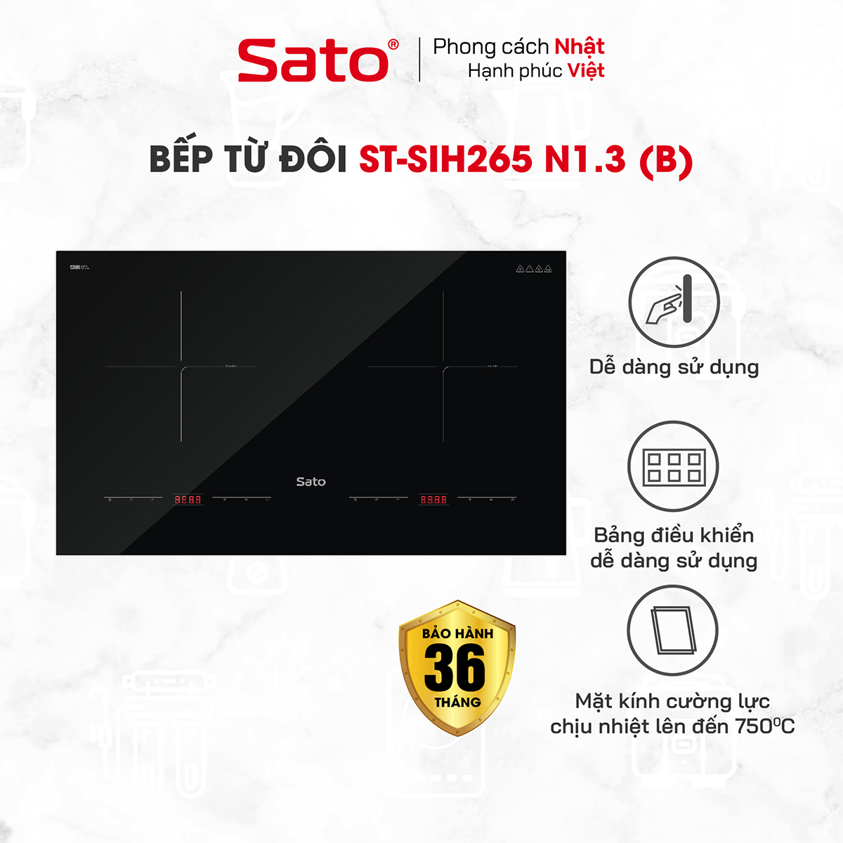 Bếp điện từ thông minh SATO SIH265 N1.3 (B) - Mặt kính thiết kế sang trọng, chịu nhiệt cao, chống trầy xước, chống bám dầu mỡ, vệ sinh dễ dàng ( Tặng bộ nồi Inox 3 đáy)-Miễn phí vận chuyển toàn quốc - Hàng chính hãng