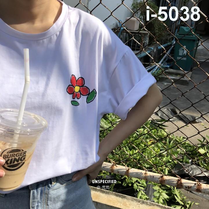 Áo Thun Nữ Tay Lỡ Hoa Vẽ Đáng Yêu - I5038