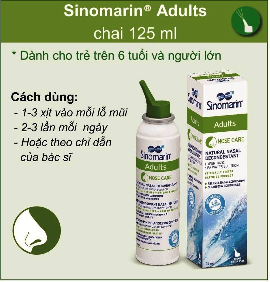 XỊT MŨI NƯỚC BIỂN SINOMARIN ADULS 125 ml, GIẢM CÁC TRIỆU CHỨNG NGHẸT MŨI