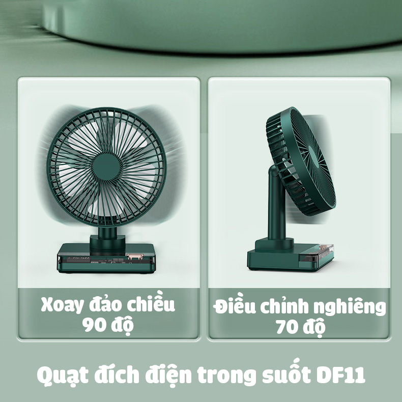 Quạt tích điện để bàn trong suốt kèm đồng hồ hiện giờ Desktop Fan DF-11 xoay đảo chiều 4 tốc độ gió