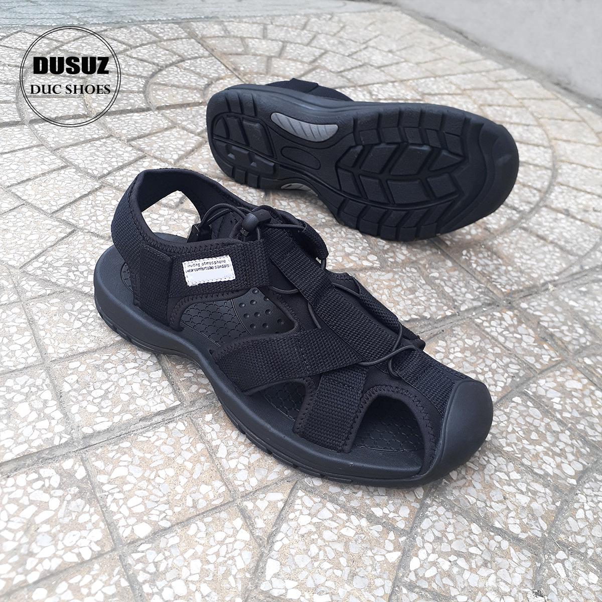 Giày sandal nam có size To hàng xuất khẩu dây rút bền và êm chân vải dù màu đen