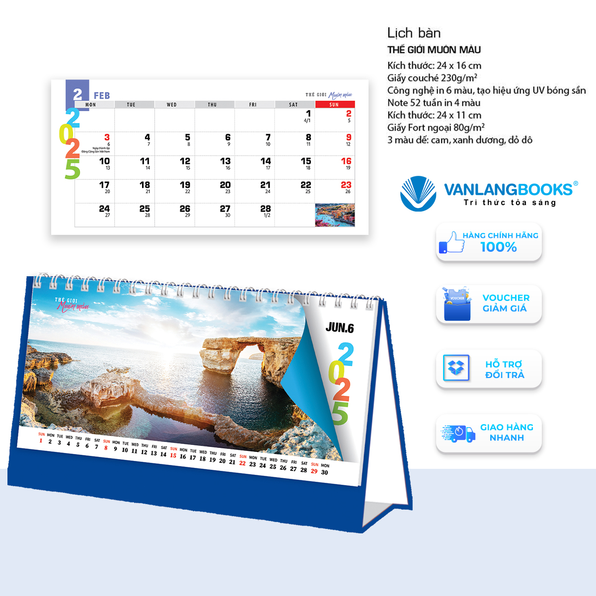 Lịch 2025 Lịch Bàn Ngang - Thế Giới Muôn Màu - VLLB13 - Lịch Văn Lang - Xanh