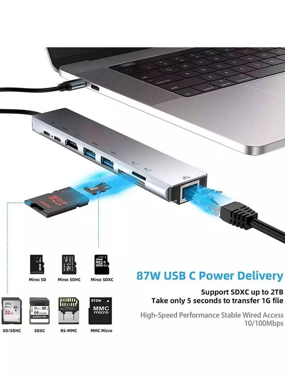 Bộ Chuyển Đổi Hub USB C Hub 8 Trong 1 Type C 3.1 Sang 4K RJ45 Đọc Thẻ SD / TF Cho MacBook Notebook Laptop Máy Tính - Hàng Nhập Khẩu