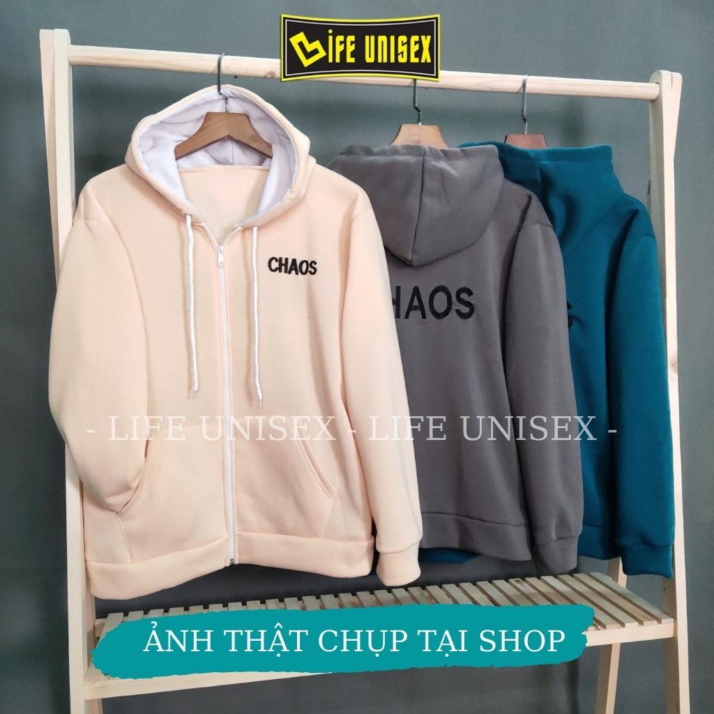 Áo khoác nỉ hoodie dây kéo THÊU CHỮ CHAOS Áo khoác Chống nắng Nam Nữ Phong cách Unisex form rộng Unisex