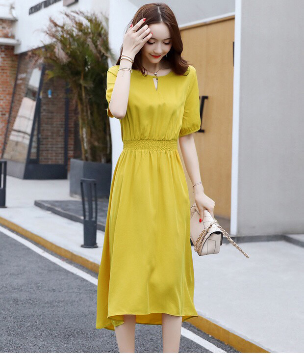 Đầm suông voan eo nhún thun màu vàng vintage - VN111801