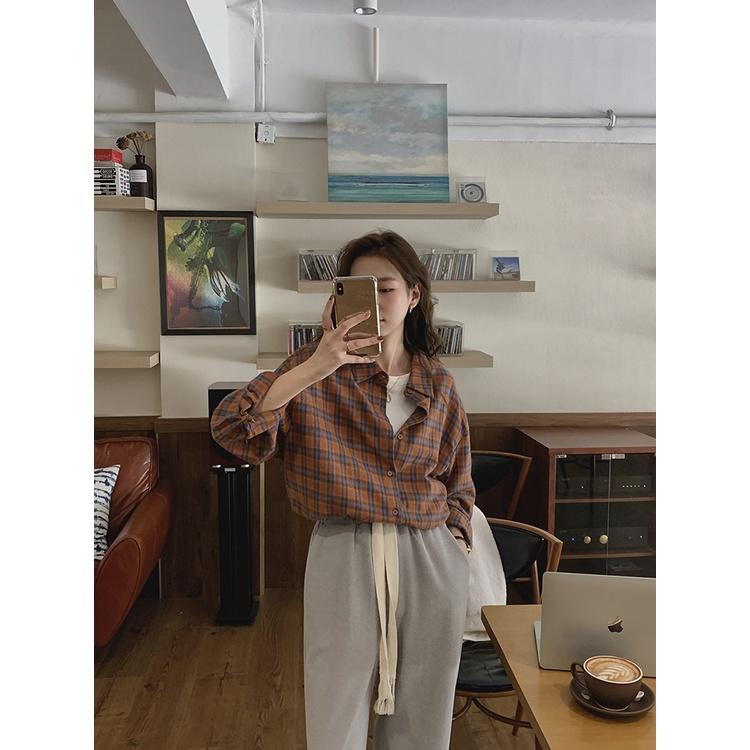 Áo sơ mi nữ Kẻ sọc caro Dài tay Form rộng Thu Đông Retro Ulzzang Hàn Quốc Sơ mi Khoác ngoài nữ Tay dài Thời trang