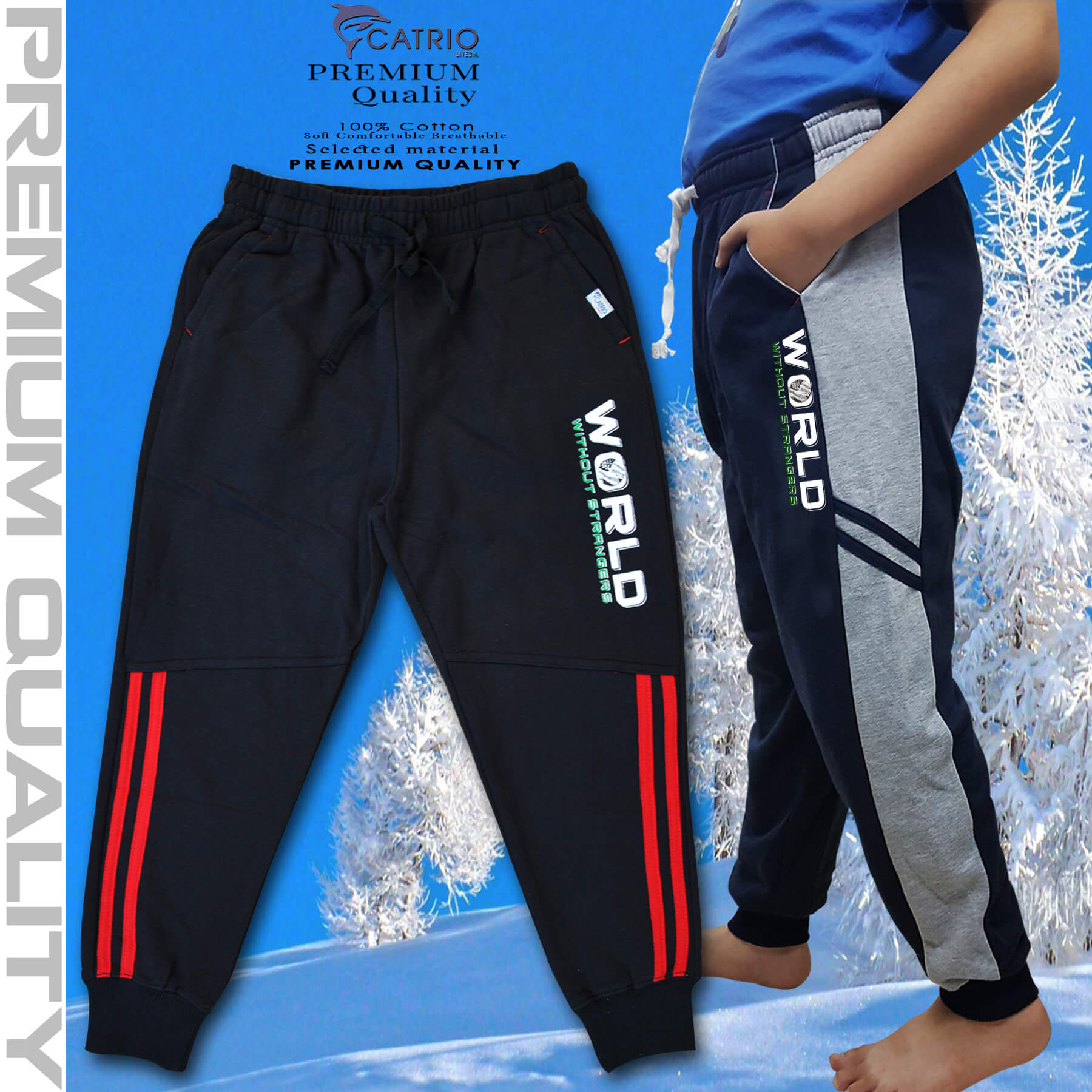 Quần thun dài bé trai vải 100% cotton in WORLD màu ĐEN là quần nỉ trẻ em CATRIO từ 9 tuổi đến 18 tuổi phù hợp thời tiết se lạnh mùa thu đông với kiểu dáng thể thao tuyệt đẹp