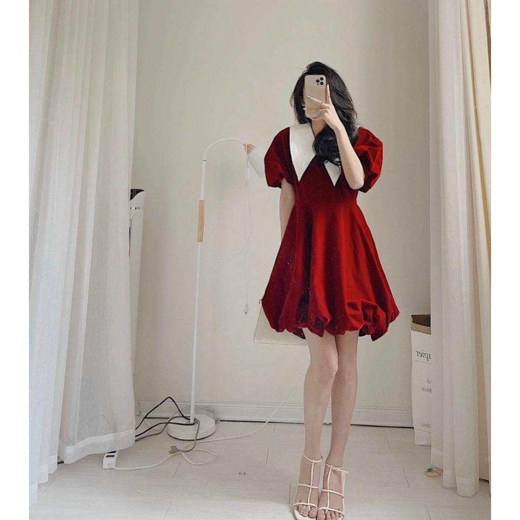 Đầm nhung đỏ phối cổ sen trắng xòe phồng dự tiệc chơi noel du xuân đón tết mẫu thỏ tây
