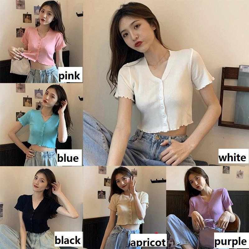 Áo Thun Dệt Kim Tay Ngắn Cổ Chữ V Phối Nút Xinh Xắn Cho Nữ