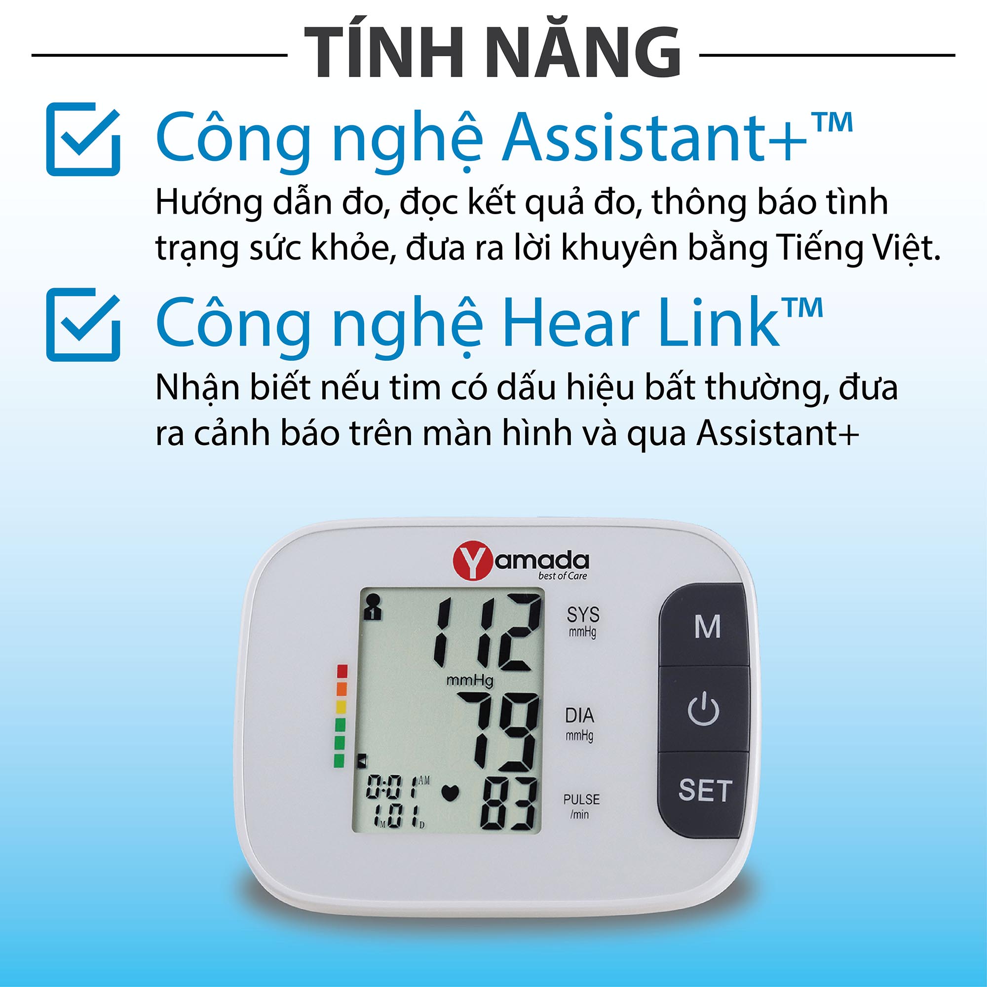 Máy đo huyết áp bắp tay điện tử Yamada - trợ lý ảo Assistant+ giọng nói tiếng Việt thông minh, đọc kết quả, cảnh báo nhịp tim Heart Link, đo chính xác, thiết kế cao cấp