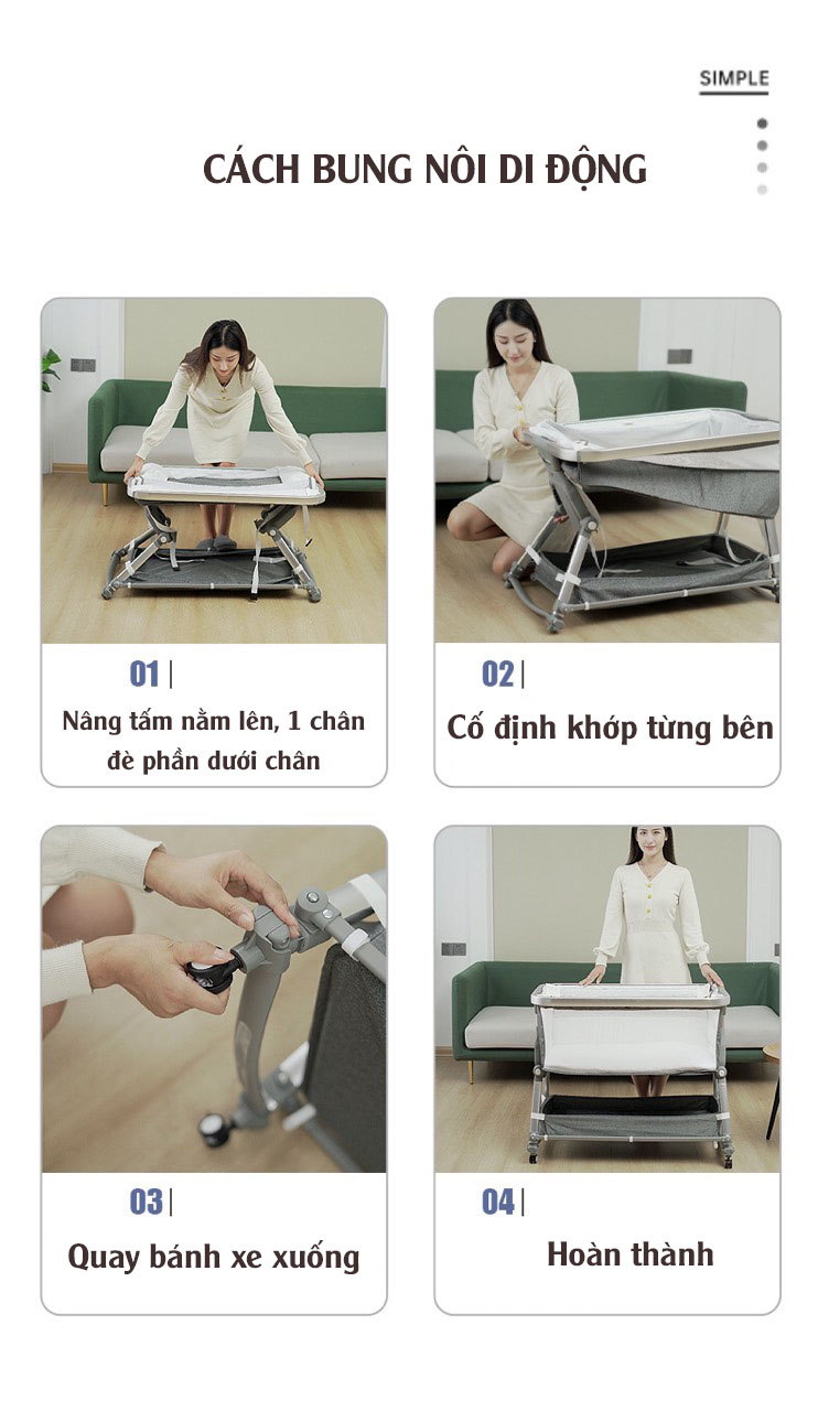 Nôi di động đa năng bập bênh, cũi kề giường nâng hạ độ cao, gấp gọn, cho bé 0-3 tuổi, mang đi kèm túi xách