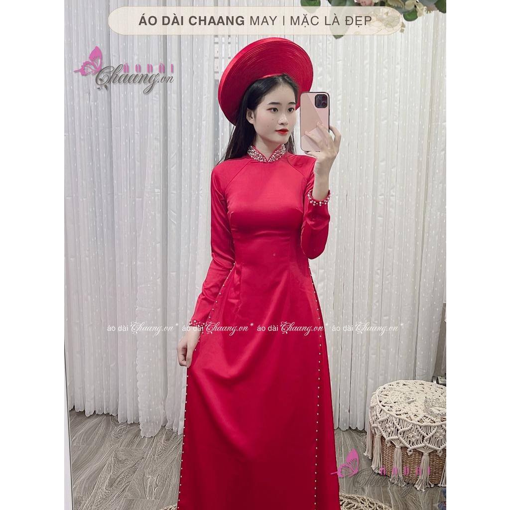 Áo Dài Cưới Truyền Thống CHAANG May Thiết Kế Sẵn 4 Tà Đính Tủa Cổ Ngọc Cô Dâu Dự Tiệc Đẹp ADC1422