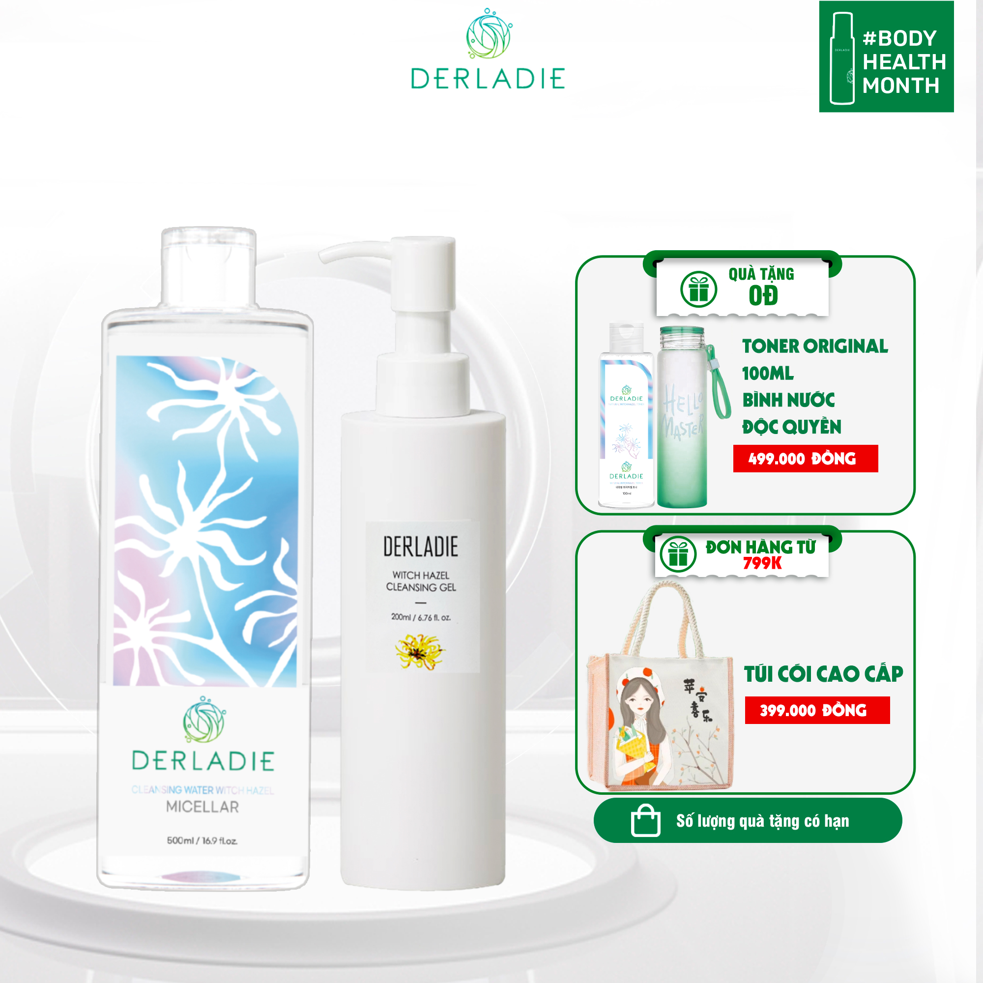 Bộ Đôi Làm Sach, Giảm Mụn Tẩy Trang Derladie Witch Hazel 500ml, Sữa Rửa Mặt Derladie Witch Hazel Cleansing Gel 200ml