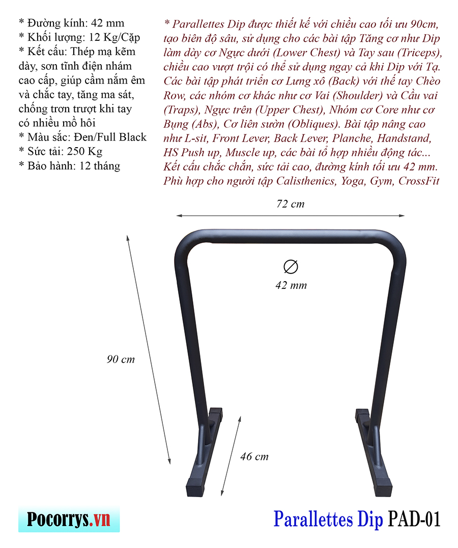 Xà kép Parallettes Dip cao 90cm, Pocorrys PAD-01, Màu đen Full black