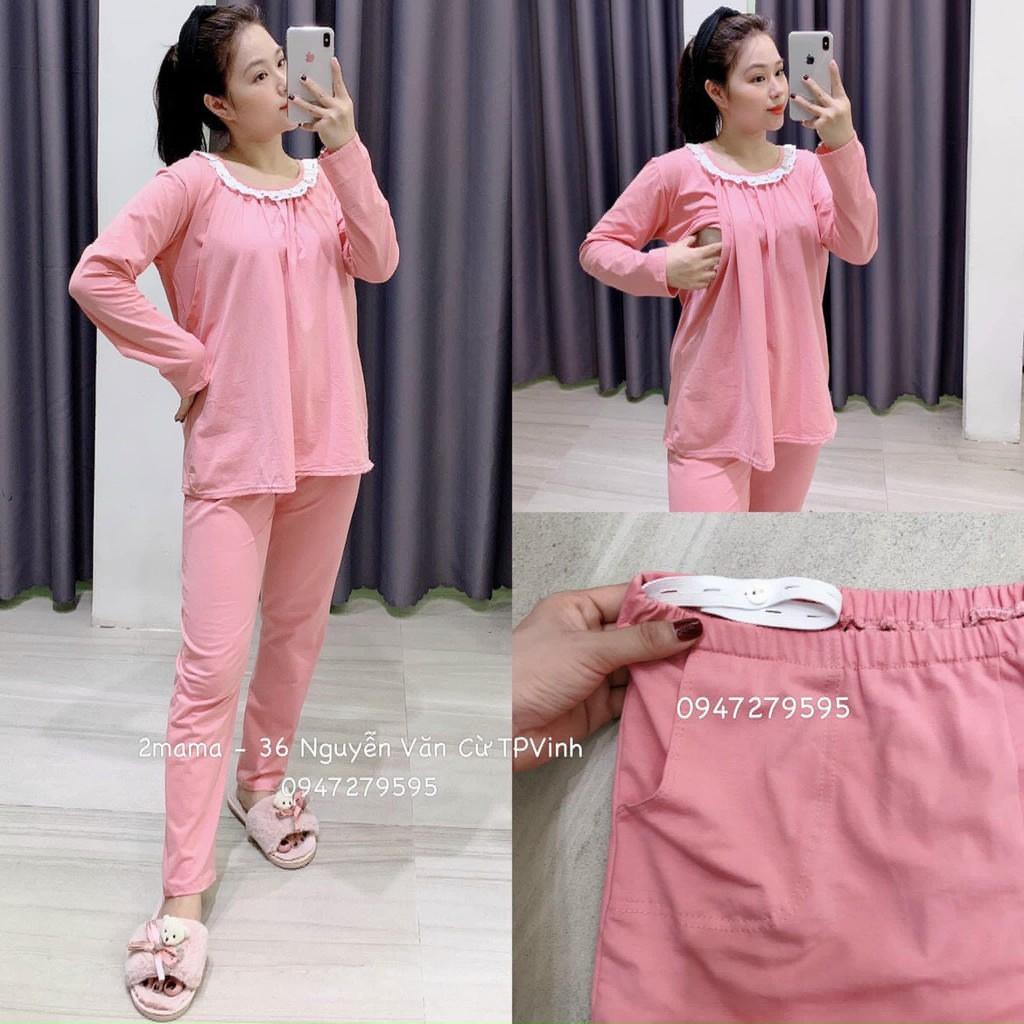 Bộ cotton sau sinh cổ viền ren, vén ngực cho con bú -