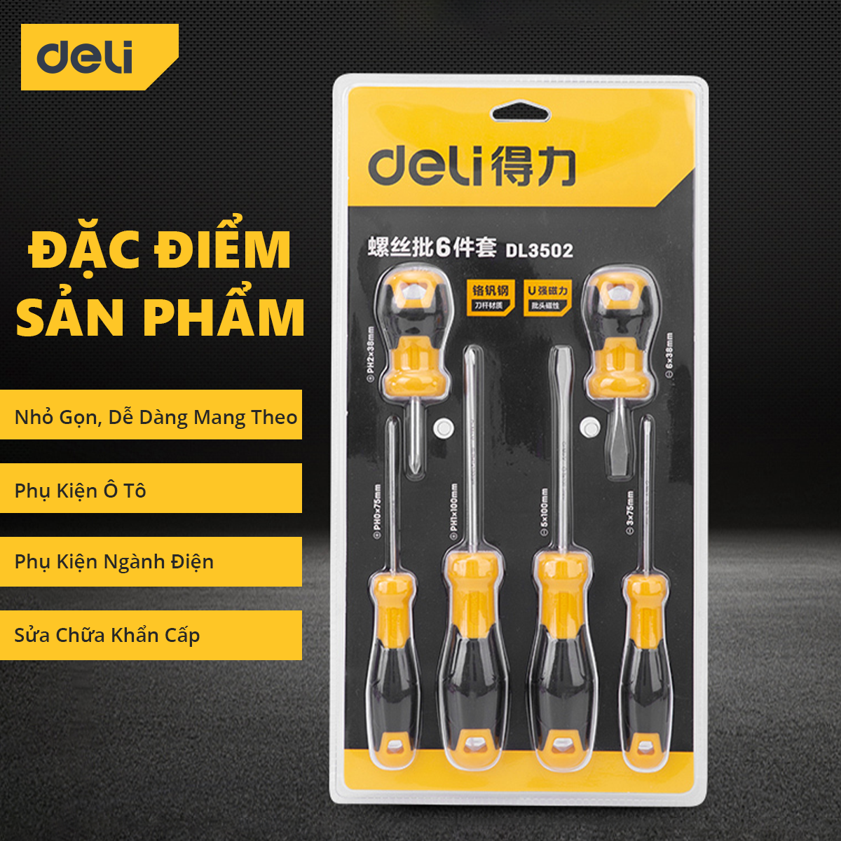 Bộ Tua Vít Deli 6 Chiếc Cao Cấp Chính Hãng - Chất Liệu Siêu Bền, Chống Mòn, Gỉ, Tay Cầm Chống Trơn Trượt - DL3502