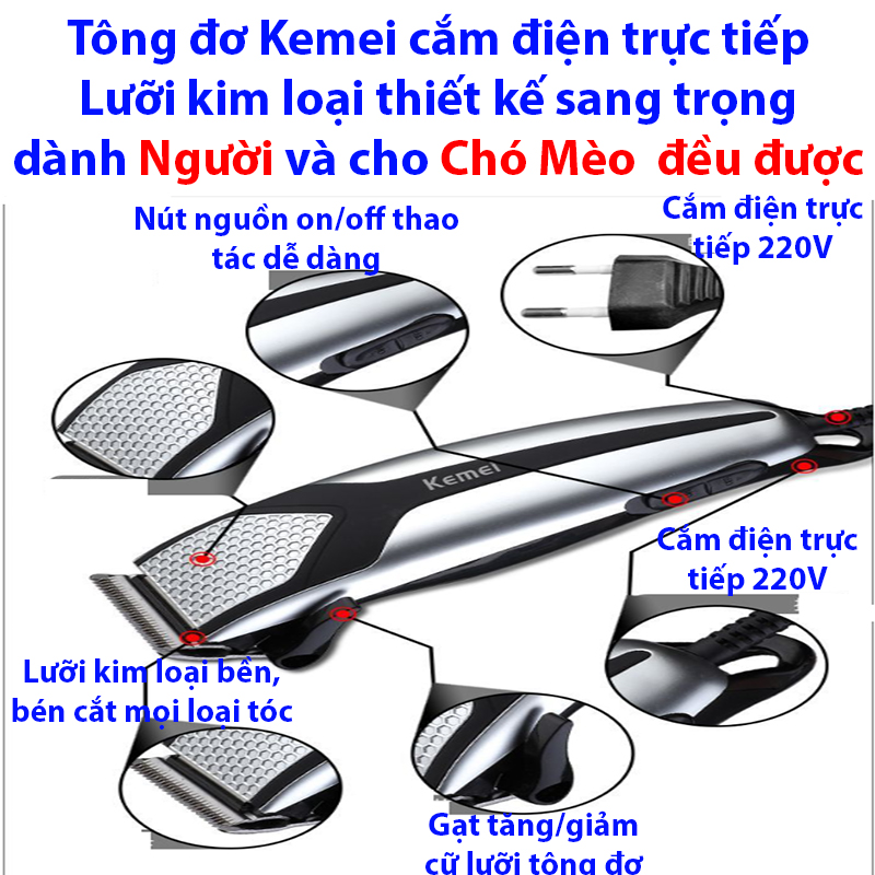 Tông đơ Kemei KM-809A cắt tóc người chuyên nghiệp , Tông đơ cắt lông Chó Mèo, Tông đơ gia đình