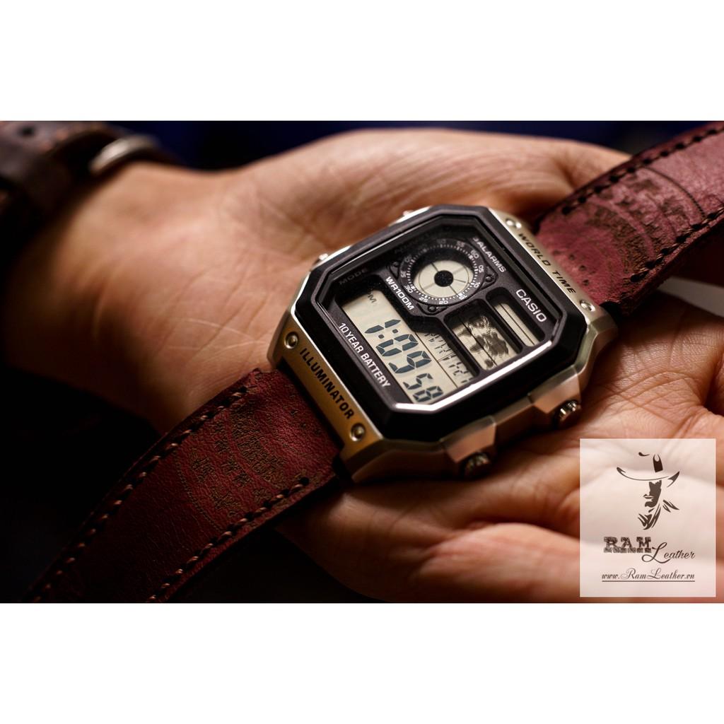 DÂY ĐỒNG HỒ TRỐNG ĐỒNG CASIO AE1200/SEIKO5 DA BÒ THẬT BURGUNDY ĐỎ