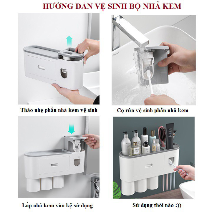 Bộ Nhả Kem Đánh Răng Tự Động, Kệ Để Cốc và Bàn Chải Phòng Tắm Dán Tường Cao Cấp (Tặng Kèm Cốc Hút Từ Tính và Miếng Dán)