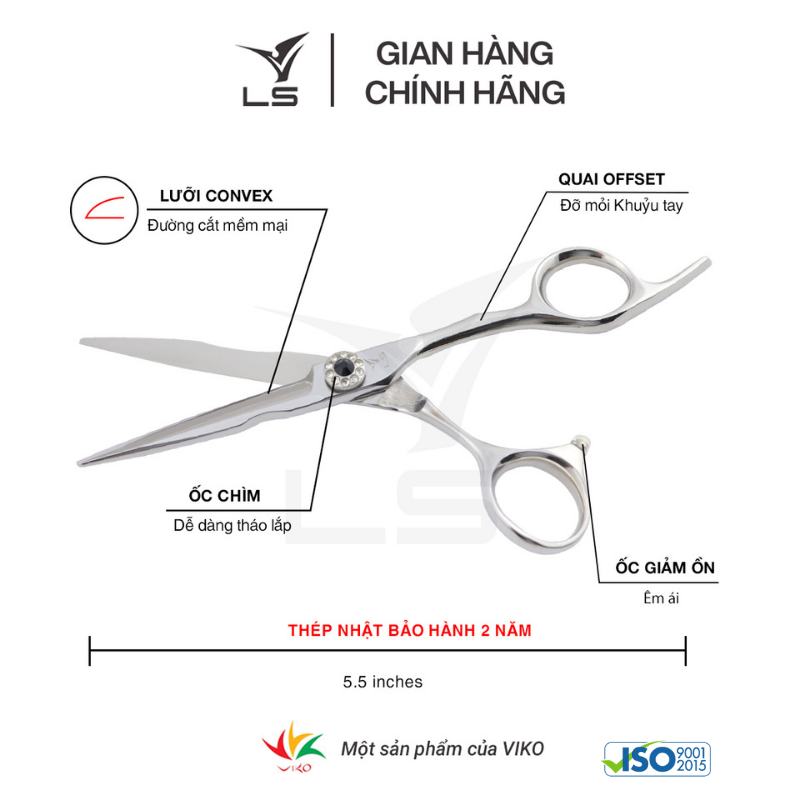 Kéo cắt tóc LS lưỡi thẳng quai offset vênh đỡ ngón cố định FA13/5.5