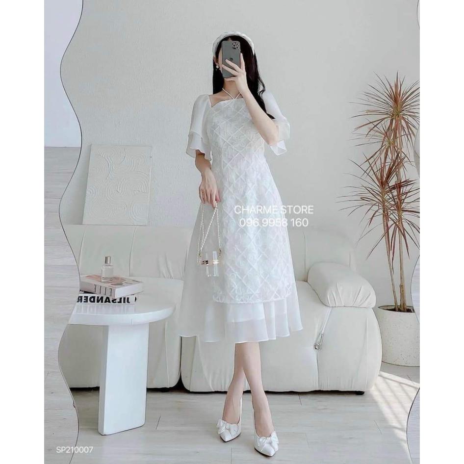 Set bộ áo dài trắng ren hoa rớt vai tay voan tiên chân váy voan đi chùa chơi tết