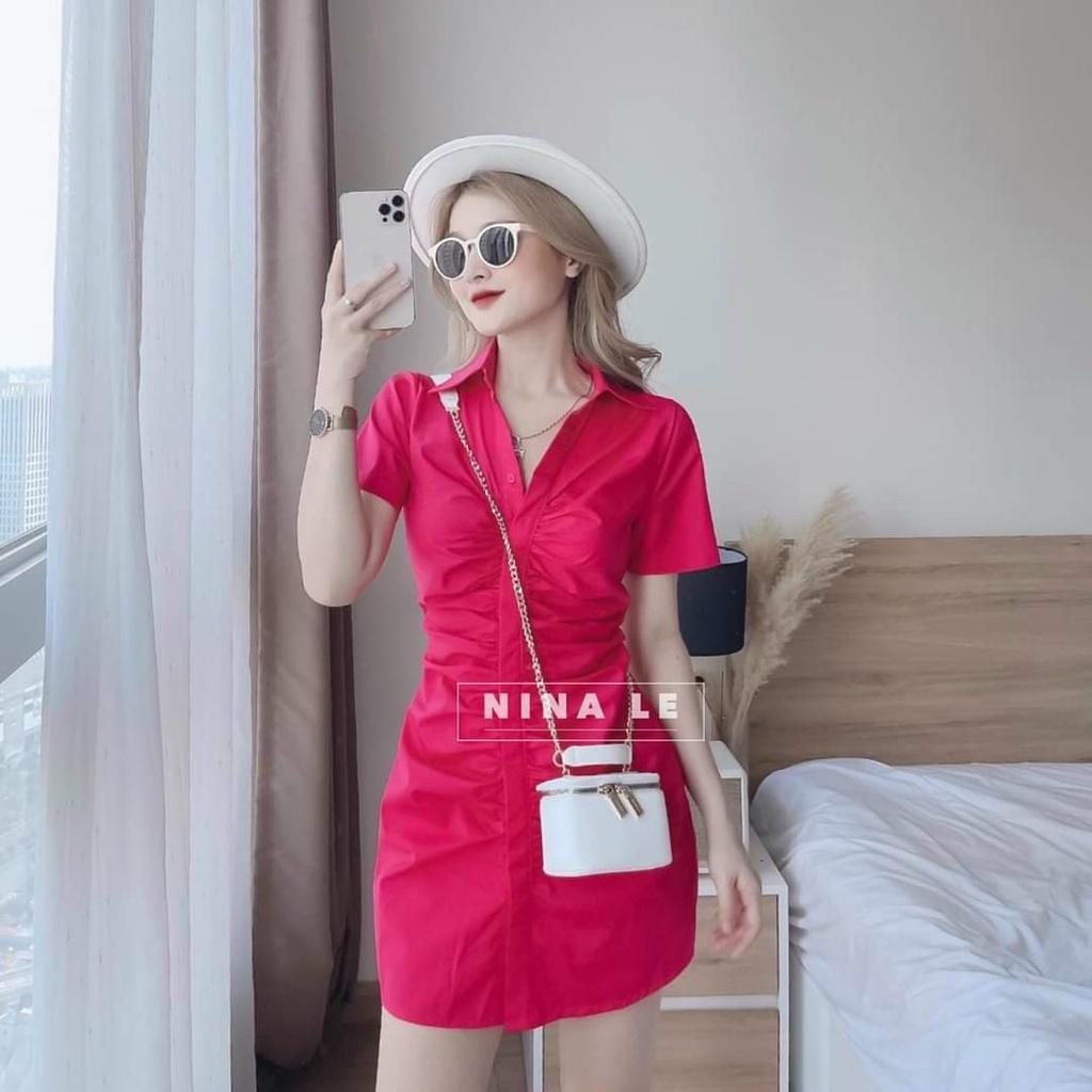 Đầm Body Cổ Sơ Mi Nhún Nút Dọc Xinh Xắn