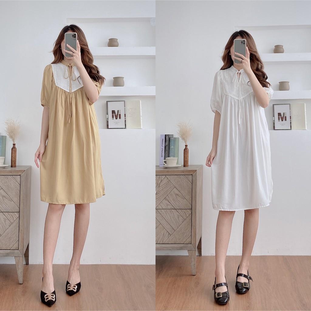 Váy dáng suông, ngực ren buộc nơ, đầm xuông bầu rộng freesize, tay, 2 màu mã V172 - Michi's House