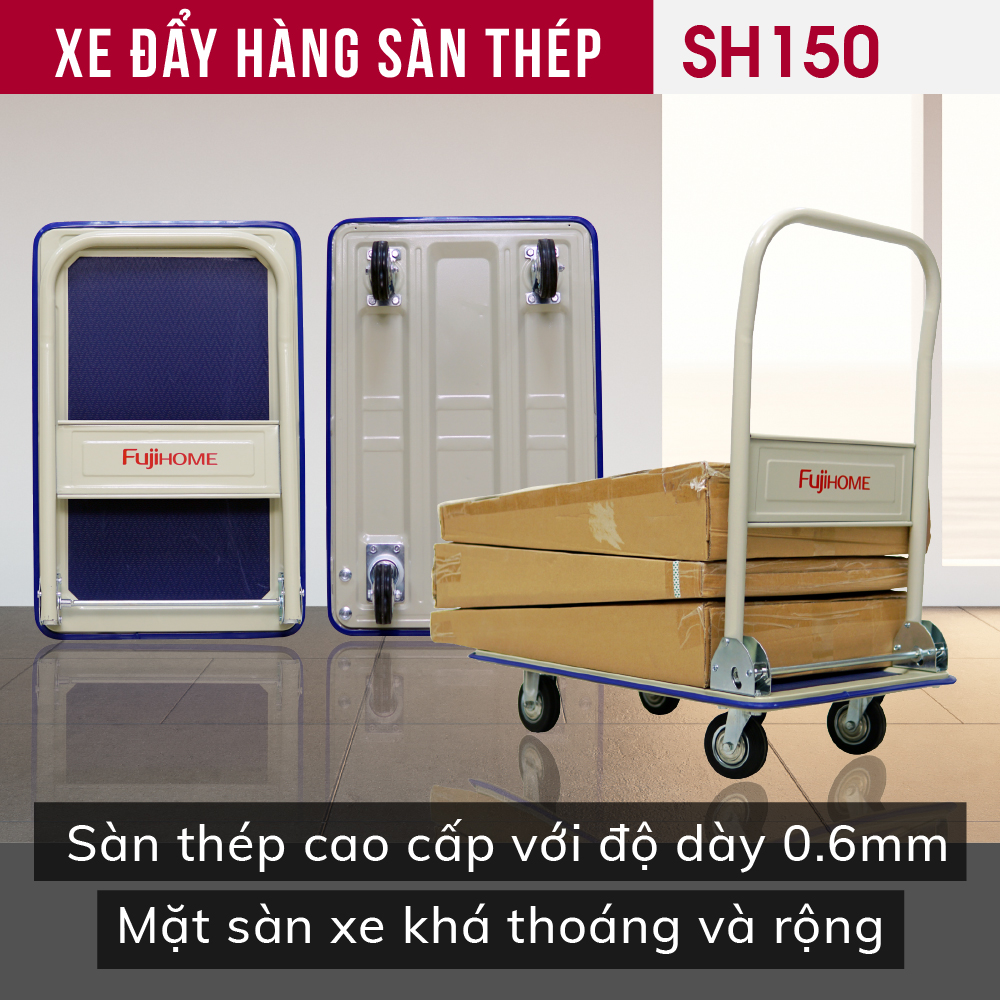 Xe kéo hàng 4 bánh gấp gọn 100kg Nhật Bản Fujihome sàn thép, bánh cao su cao cấp siêu bền không ồn, xe chở đồ đẩy hàng gấp gọn đa năng platform hand truck