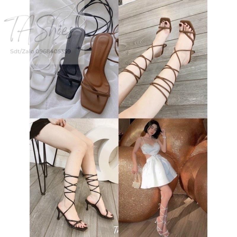 Sandal cao gót buộc dây 7p tôn dáng sang chảnh, Guốc Nhọn Đan Mảnh Chiến Binh Trắng và Đen, NÂU TÂY ĐẸP