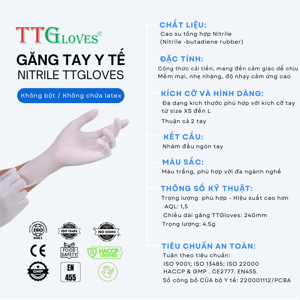 Găng Tay Y Tế Size L Không Bột Nitrile TTGLOVES Màu Trắng (100 Chiếc)