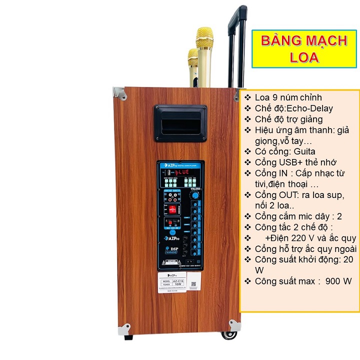 Loa kéo BLuetooth di động Bass 40-3 đường tiếng,thùng gỗ cao cấp,Tặng 2 mic vỏ kim loại sóng UHF,Hàng chính hãng AZPRO