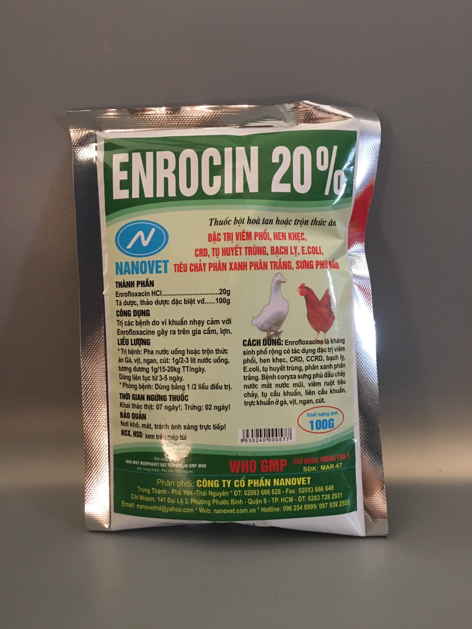 Enro 20% viêm phổi, hen khẹc, tụ huyết trùng, phân xanh, phân trắng chó mèo gia súc gia cầm