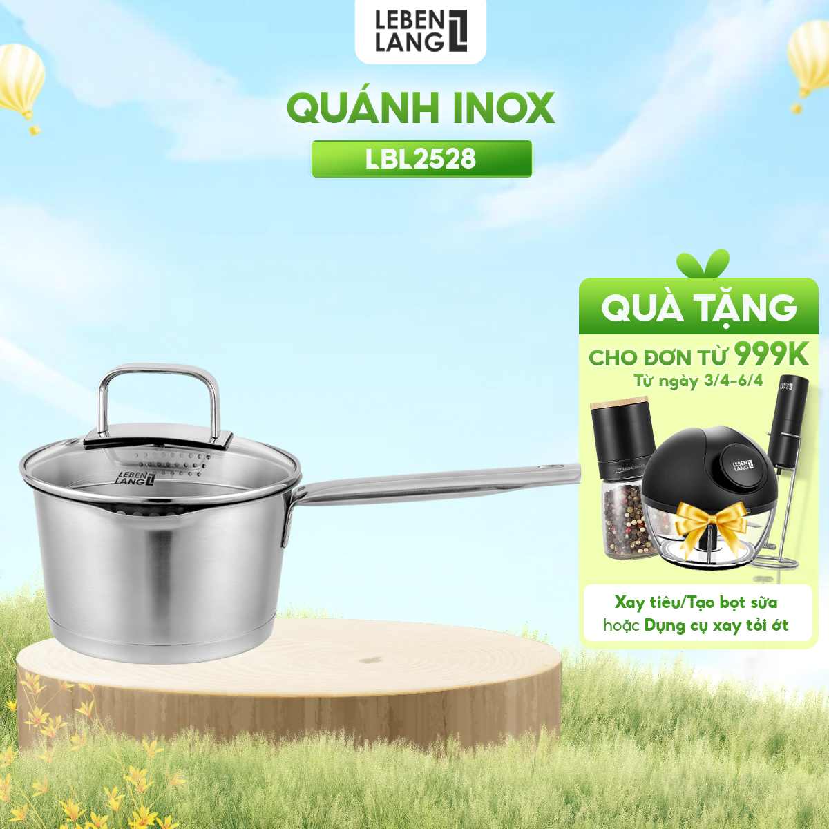 Quánh inox 304 vung kính đáy 3 lớp Lebenlang LBL2528, size 18 có khe chắt nước, dùng cho mọi loại bếp - hàng chính hãng